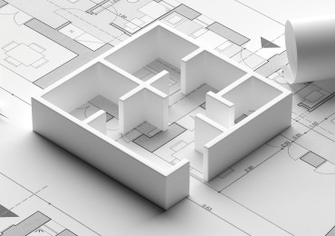Residential building blueprint plans and house model, banner. 3d illustration